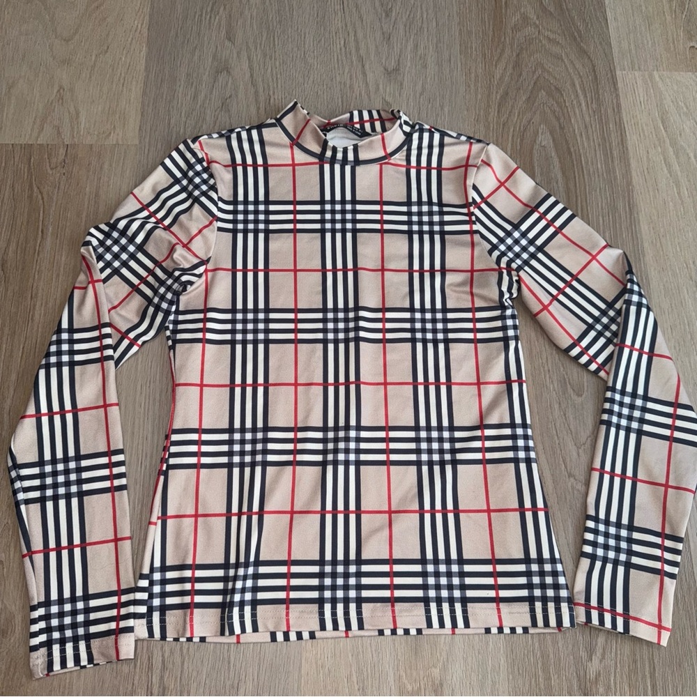 Beige & Black Plaid Long Sleeve Top - Size Small